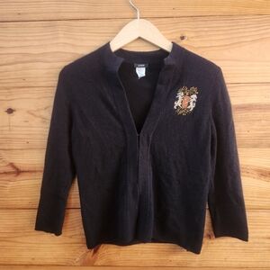 J. Crew Merino Wool/cashmere Black Cardigan with Embroidered Crest 3/4 Sleeve